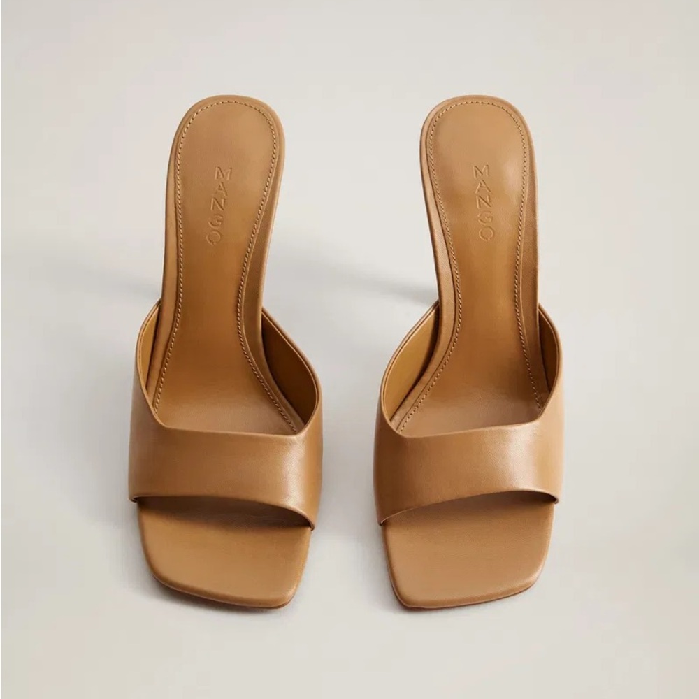 MANGO Leather Nude Tan Mules Square Toe